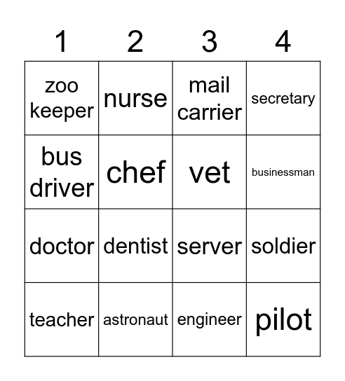 Occupations bingo Card