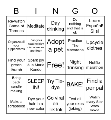 Umpteenth Lockdown - Survival Ideas Bingo Card