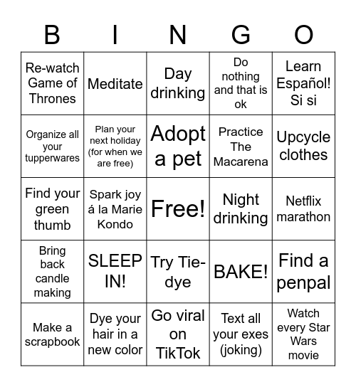 Umpteenth Lockdown - Survival Ideas Bingo Card