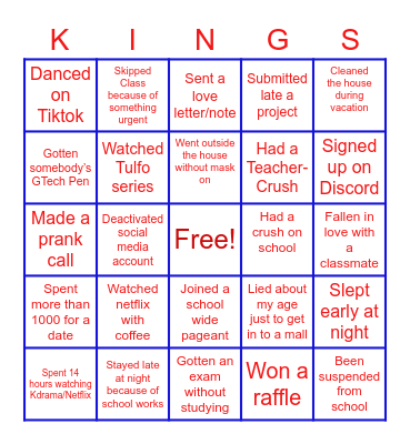 Never Have I Ever... Bingo Card