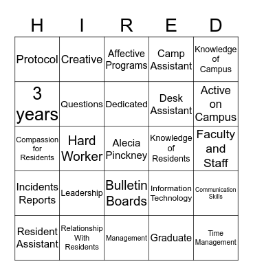 Res Life Interview  Bingo Card
