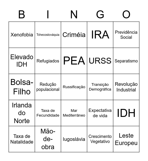 DEMOGRAFIA - EUROPA Bingo Card