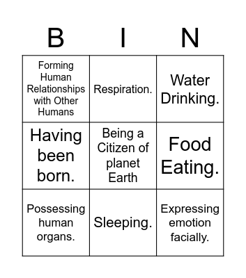 Normal Human Bingo Card