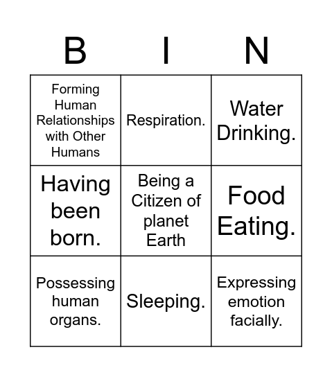 Normal Human Bingo Card