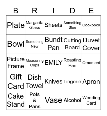 Emily's Bridal Bingo Card