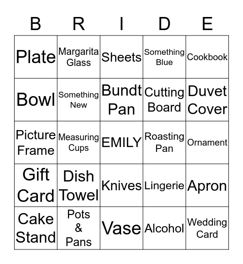 Emily's Bridal Bingo Card