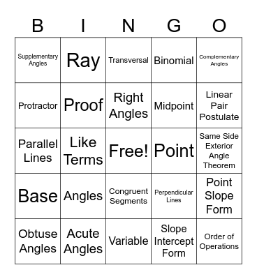 Geometry Bingo Card