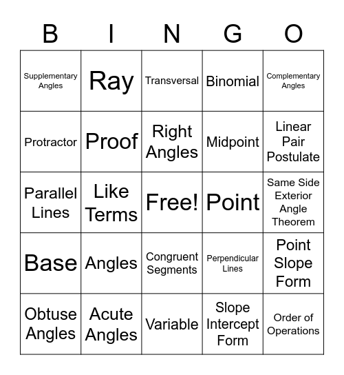 Geometry Bingo Card