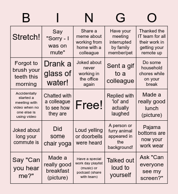 Remote Work Bingo Card