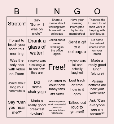 Remote Work Bingo Card