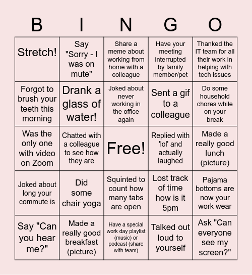 Remote Work Bingo Card