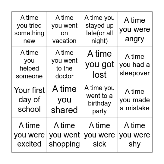 Personal Narrative Writing Prompts Bingo Card