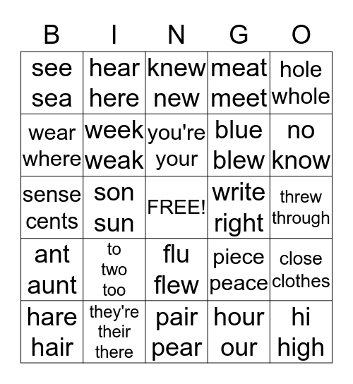 Homophones Bingo Card