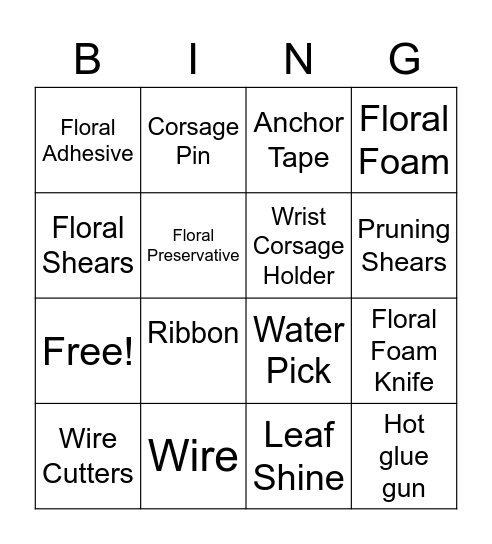 Floral Tools Bingo Card