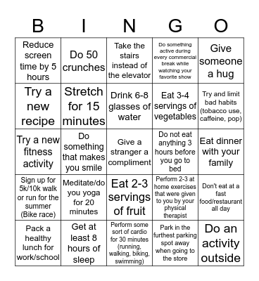 Peak Performance Healthy Lifestyle  Bingo Card