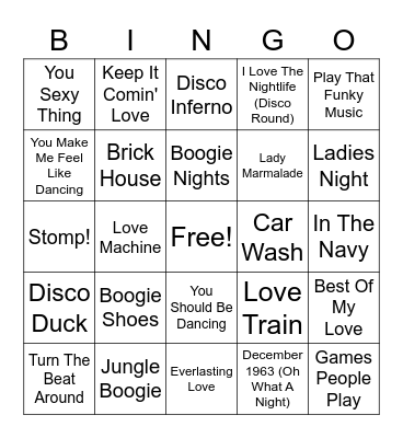 70s Dance Bingo Card