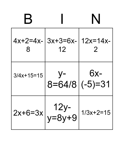 Two-Step Equation Tic-Tac-Toe Bingo Card
