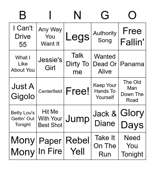 80s Rock Bingo Card