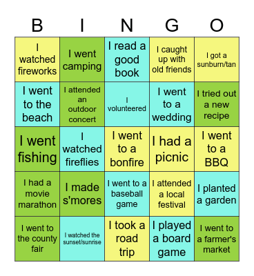 End of Summer BINGO Card