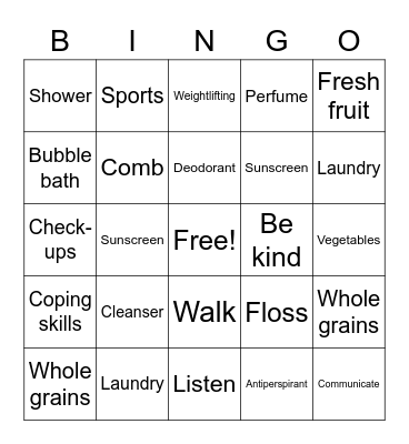 Healthy Habits Bingo Card