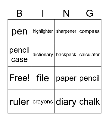 School Supplies Bingo Card