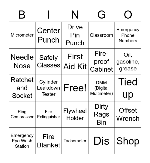 Shop Safety Review - Mechanics Bingo Card