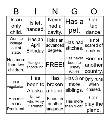 Get To Know You BINGO Card