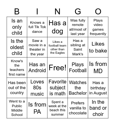 Getting to Know You Bingo Card