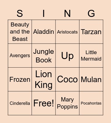 Disney Pixar Singo Bingo Card
