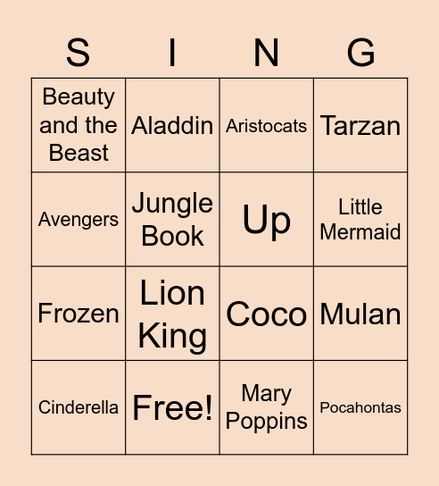 Disney Pixar Singo Bingo Card