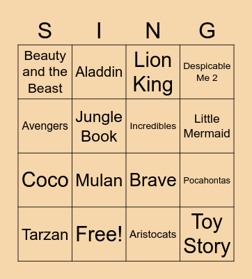 Disney Pixar Singo Bingo Card