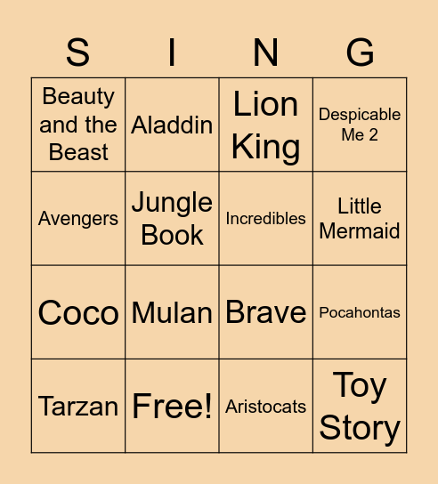 Disney Pixar Singo Bingo Card