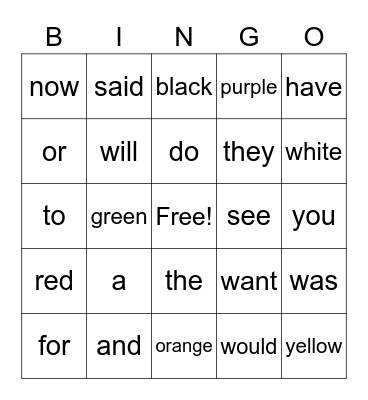 Let's Go and Color Words Bingo Card