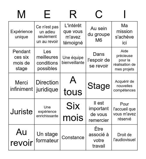 Bingo du mail de remerciement du stagiaire Bingo Card