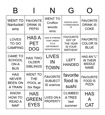 MEET YOUR CLASSMATE BINGO Card
