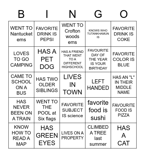 MEET YOUR CLASSMATE BINGO Card