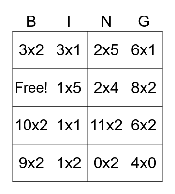 Multiplication Bingo Card