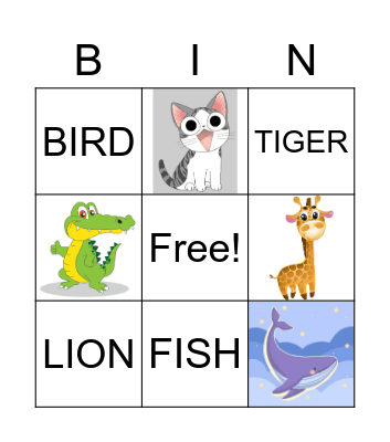 Animal word Bingo Card