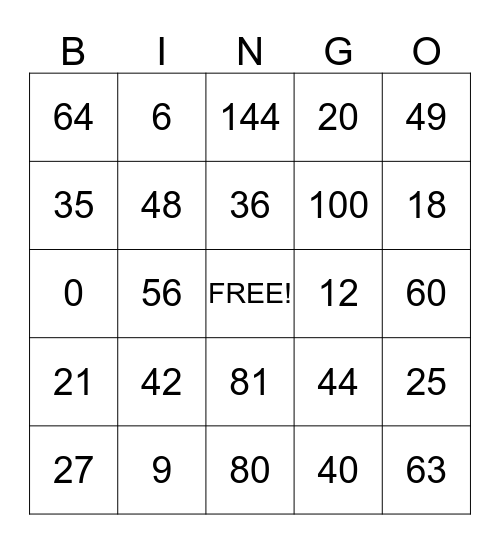 Multiplication Bingo Card
