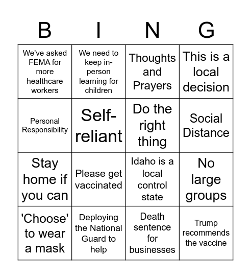 Brad's Personal Responsibility Bingo Card