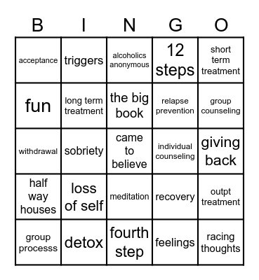 Recovery Bingo Card