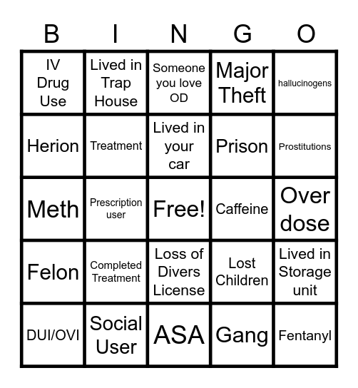 Addiction Bingo Card