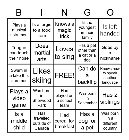 Get to know you Bingo Card