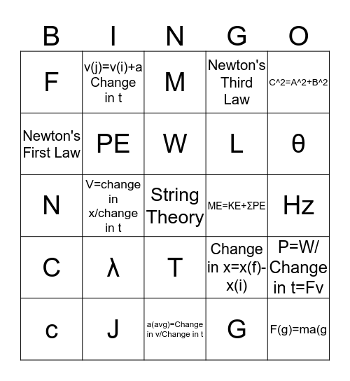 Physics 4 Phun Bingo Card