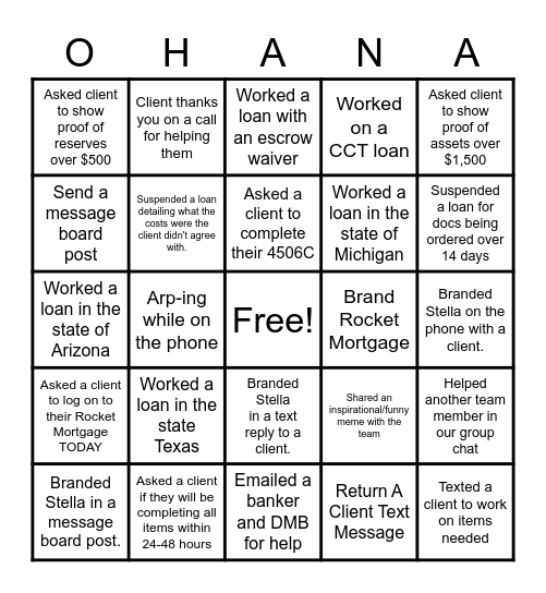 Team Ohana Bingo Card