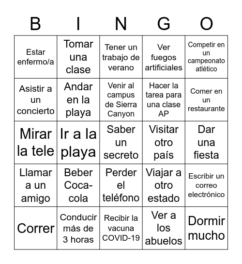 Verano 2021 Bingo Card