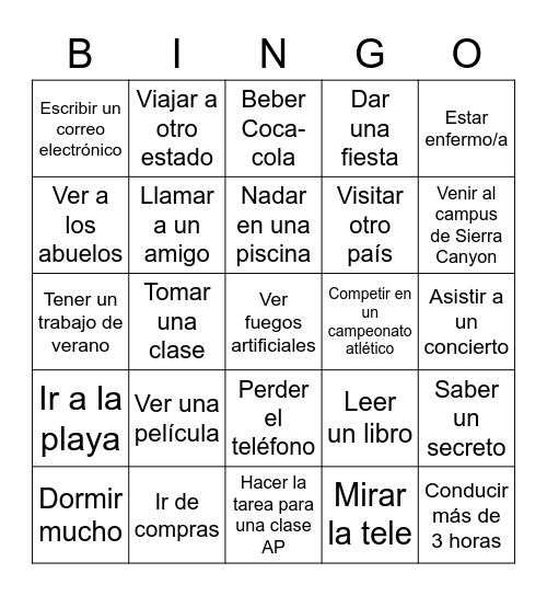 Bingo Verano 2021 Bingo Card