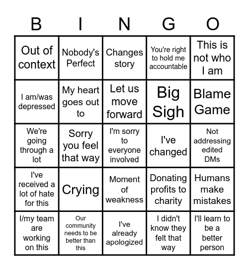 Apology Bingo Card