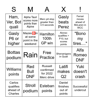 Zandvoort Bingo Card