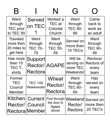 TEC 1-100 Reunion Bingo Card